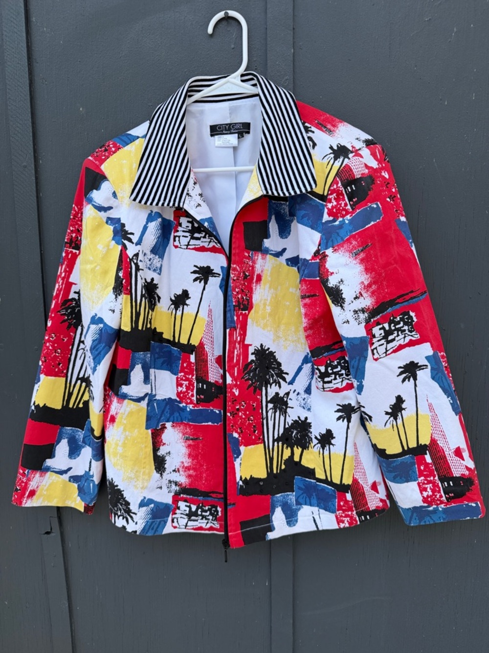 Multicolor Palm-Print Zip Blazer in Red
